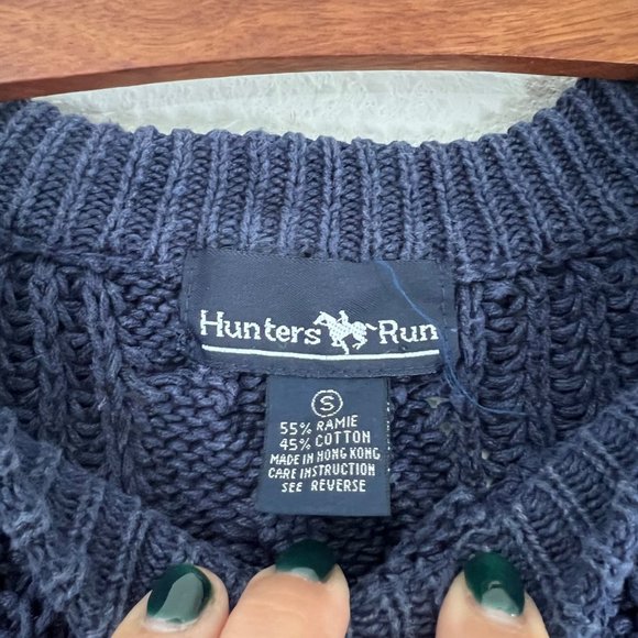 Vintage Hunters Run Navy Blue Ramie Cable Knit Fisherman Sweater Womens Size S - Picture 3 of 4